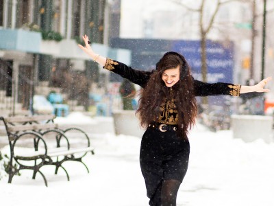 Asymmetrical Dress New York Winter Snow Outfit Dark Lipstick